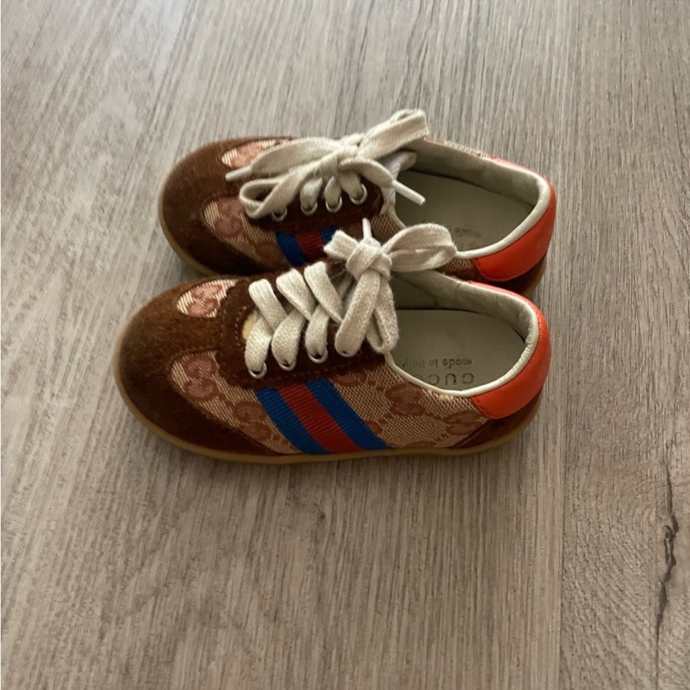 Gucci G74 web brown canvas & suede GG baby toddler walker sneakers shoes Size 5